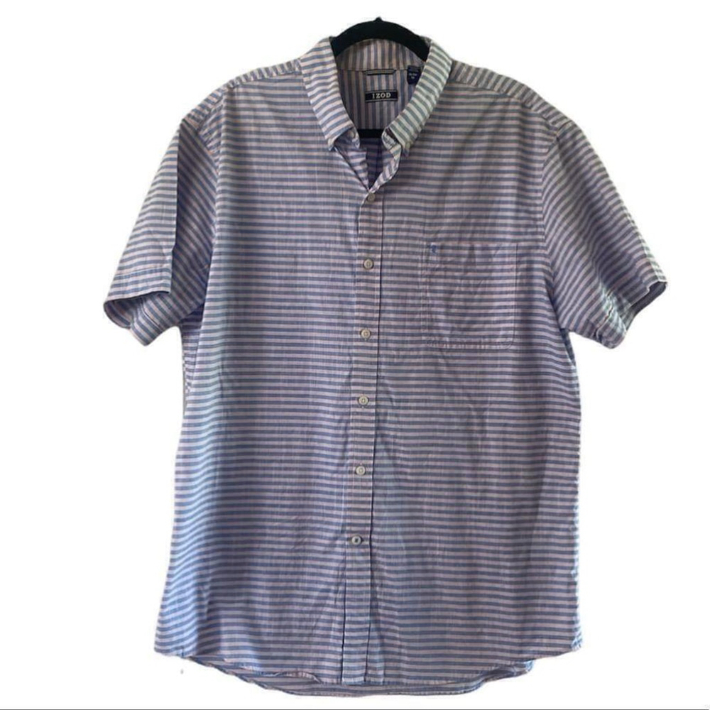 IZOD | Button Up Shirt Mens Sz XL Blue Baby Pink Striped Short Sleeve Polo